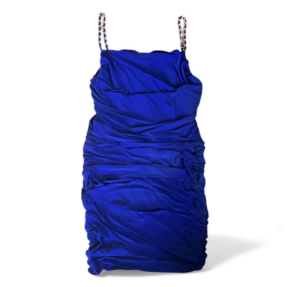 R&M Richards Royal Blue Rouched Dress with Gold and Jewel Embellished Straps